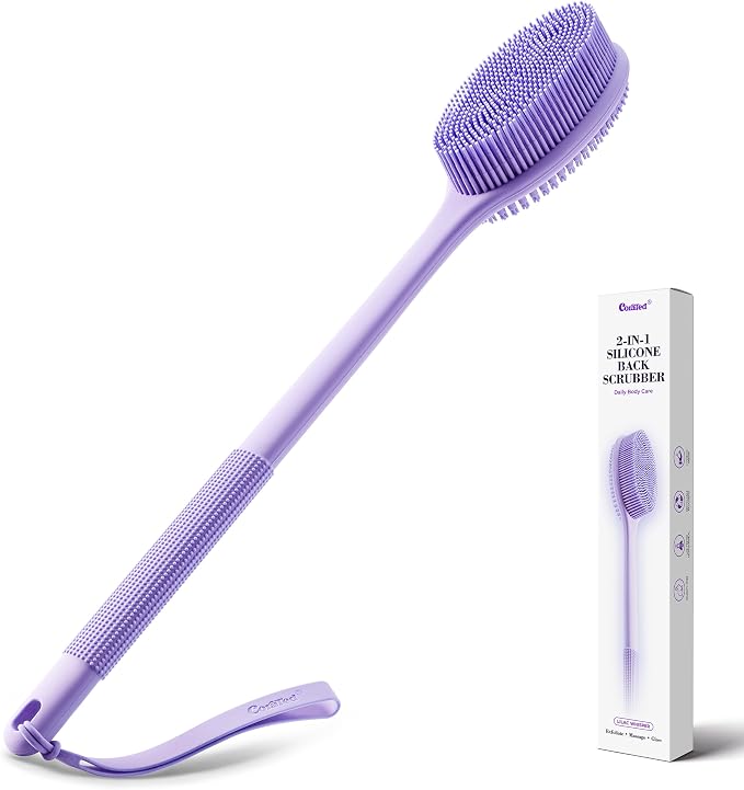 CORATED Silicone Back Scrubber for Shower, Exfoliating Body Scrubber with Long Handle, 2‑in‑1 Body Brush for Women & Men Daily Use, Loofah Alternative Bath Accessories