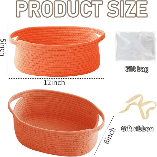 JMvicyroam Woven Basket,Small Rope Storage Bin with Handles & Ribbon Bag, Organizer for Shelves Closets,Gift Basket Empty for Birthday,Books,Dog Toys,Orange/3 Pack
