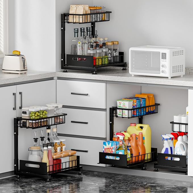 Saydear 2-Pack L-Shaped Under Sink Organizer, 2-Tier Pull-out Cabinet Rack | Black Height-Adjustable Steel Rack, Sliding Grid Drawers with PP Liners, Holds 100 Lbs, Suction Base, Ideal Kitchen Storage
