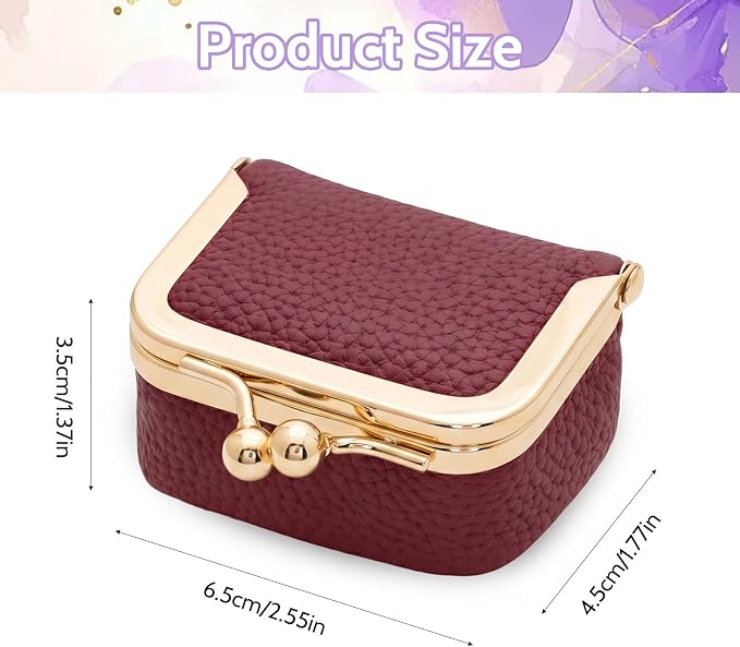 Genuine Leather Mini Jewelry Box Portable Vintage-Inspired Leather Small Coin Purse Jewelry Organizer Case Mini Travel Ring Box with Kiss Lock for Women Earring Ring Necklace