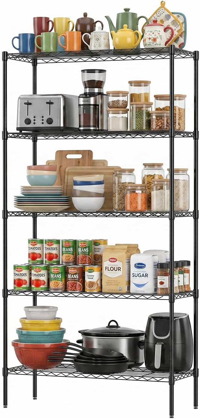 FDW 14" D×36" W×72" H Wire Shelving Unit Commercial Metal Shelf with 5 Tier Adjustable Layer Rack Strong Steel for Restaurant Garage Pantry Kitchen Garage，Black