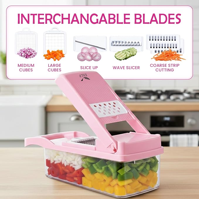 16-in-1 Vegetable Chopper & Mandoline Slicer with Container, Food Chopper, Onion Dicer, Cheese Grater, Vegetable Cutter for Potato, Carrot, Cucumber, Garlic, Meal Prep, Pink