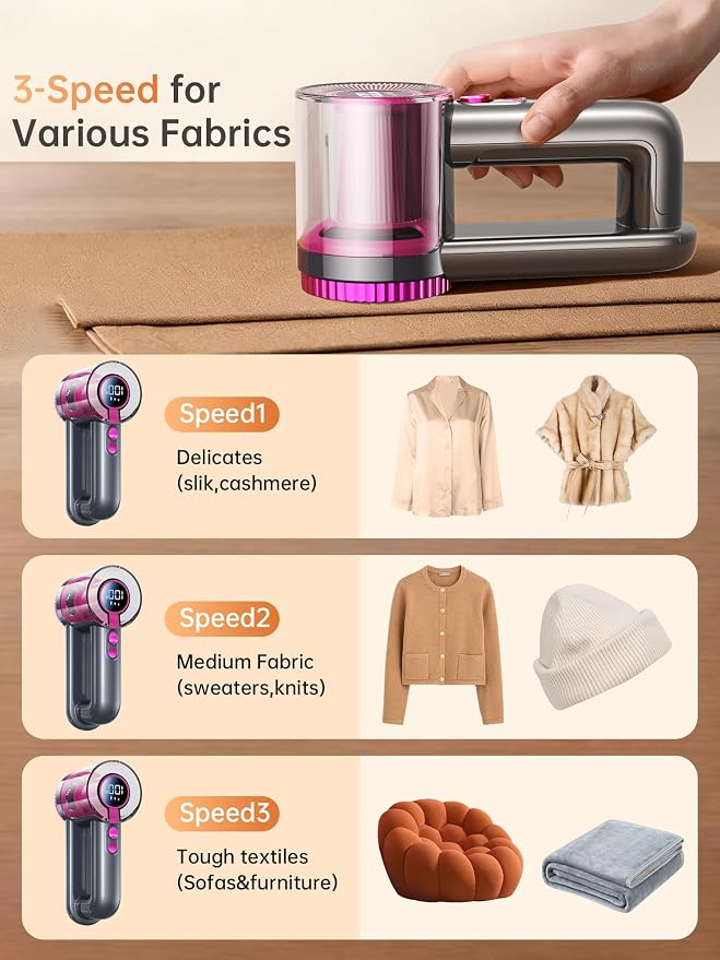 2-in-1 Rechargeable Fabric Shaver & Lint Remover,1800mAh | 3-Speed Lint Shaver with Digital LED Display, Type-C Fast Charging Port, Portable for Clothes, Furniture, Couches, Blankets