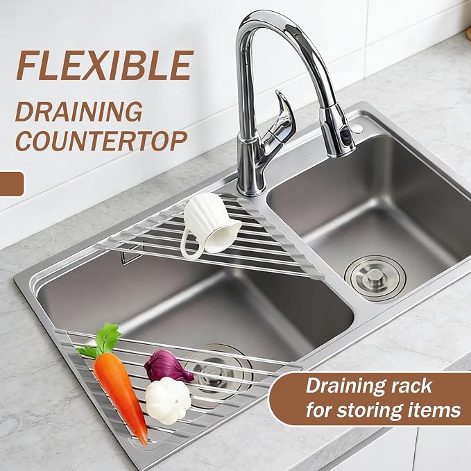 Triangle Roll-Up Dish Drying Rack and Sponge Holder for Kitchen Sink - Foldable Stainless Steel Dish Drying Rack for Sink Corners, Multipurpose Over The Sink Kitchen Drainer, Save Space