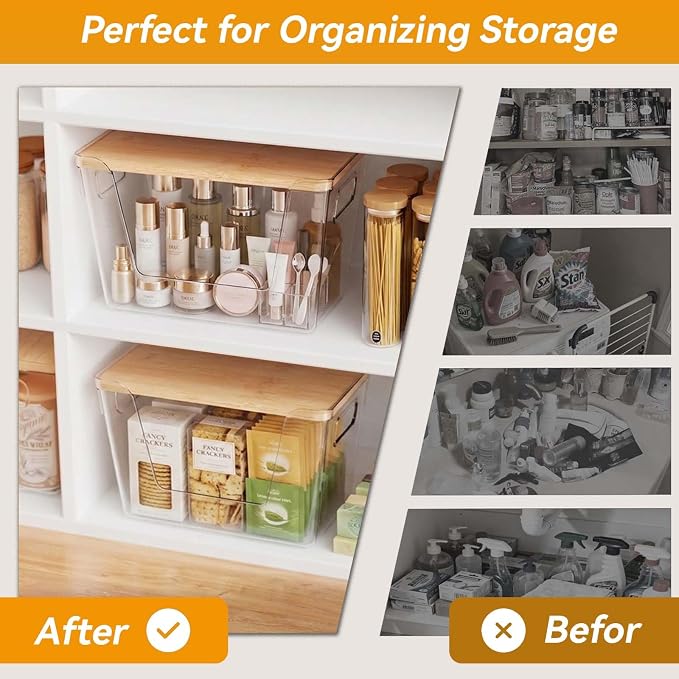 4 Pack Pantry Organizers and Storage with Bamboo Lids | Stackable Clear Plastic with Lid/Handle Trash Bag Holder for Vegetable,Fruit,Under Kitchen Sink Countertop Organizer