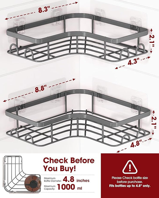 Sakugi Corner Shower Caddy - 2 Pack, Adhesive Shower Organizers, Rustproof Stainless Steel Shower Shelves with 8 Hooks, No Drilling Bathroom Organizers and Storage Racks, Space-Saving, Grey, Large