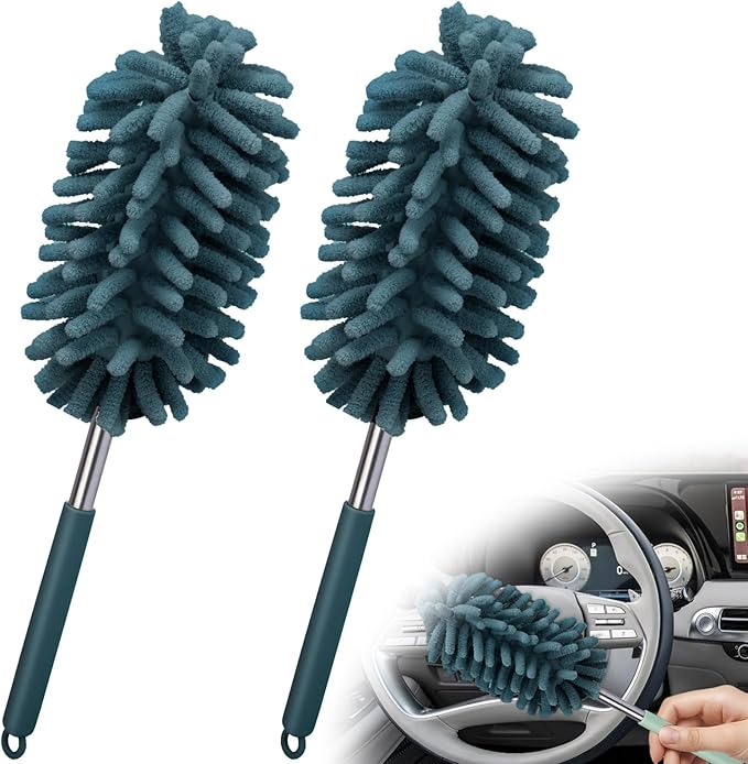 2 PCS Car Interior Duster with Extension Pole, Dusters for Cleaning | Microfiber Car Dusters with Bendable Head, Duster Interior & Exterior Scratch Free for Vehicle, Offices, Window (Nude Blue)