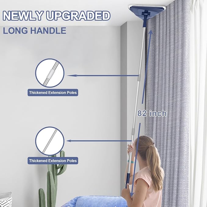 Wall Cleaner Mop with 82" Handle, 360° Rotating Triangle Head and Microfiber Pads, Built-in Squeegee for Ceiling Mop, Baseboard Cleaning and Windows