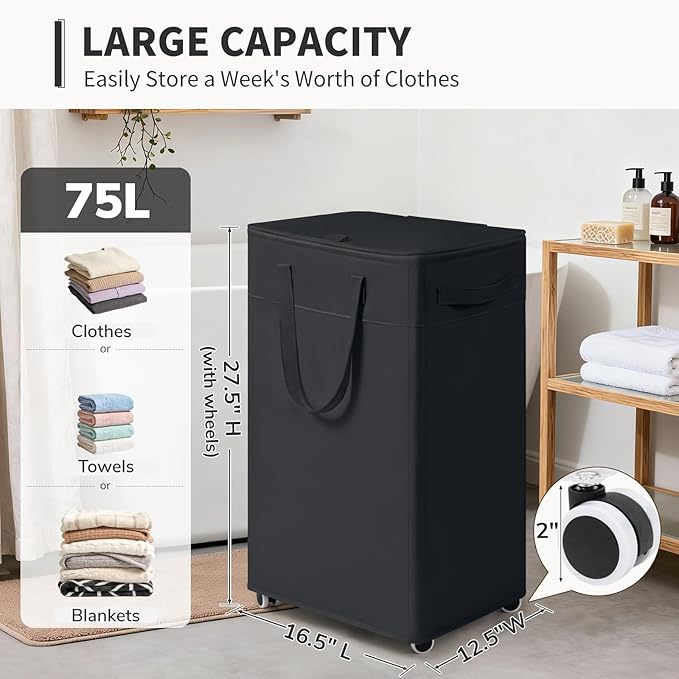 Goodpick 75L Rolling Laundry Hamper with Wheels and Lid, Black | 16.5 × 12.5 × 27.5 in, Removable Wash Bag, Collapsible, Dorm & Bathroom Organization, Dirty Clothes & Bedding Storage