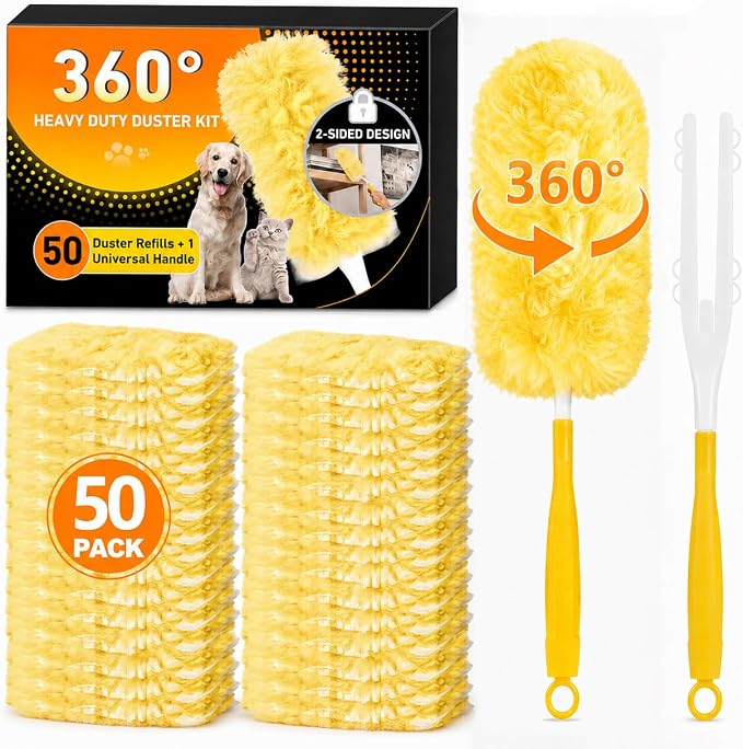 Duster Refills for Swiffer Duster, 50 Count Heavy Duty 2 Side 360° Dusters Refill Kit with 1 Handle, 4X Microfibers, Disposable Multi-Surface Duster for Cleaning Furniture Blinds Ceiling Fan