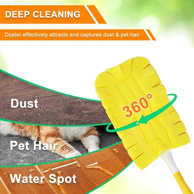 2 Pcs with 1 Handle Reusable Duster Refills, Washable Microfiber Dusters, 360°Cleaning Tools for Home, Office, Blinds, Car, Pet, Furniture, Fan