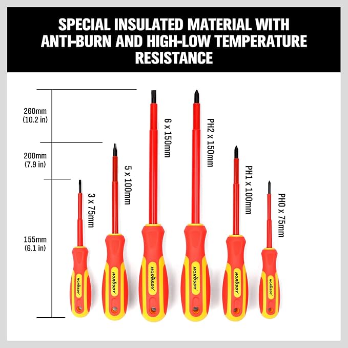 HORUSDY 6-Piece 1000V Insulated Precision Screwdriver Set, Magnetic Tip CR-V Electrician Tools with Cushion Grip TPR Handle for Electrical Applications