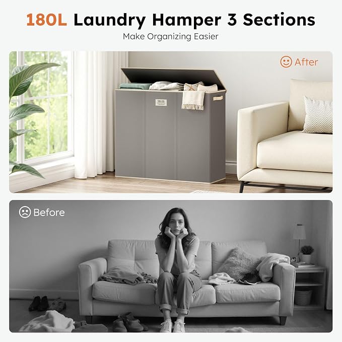 SOLEDI 180L 3-Section Laundry Hamper with Lid, Extra Large Dirty Clothes Basket with Sturdy Handles for Laundry Room & Bedroom - Durable Organizer for Sorting Laundry
