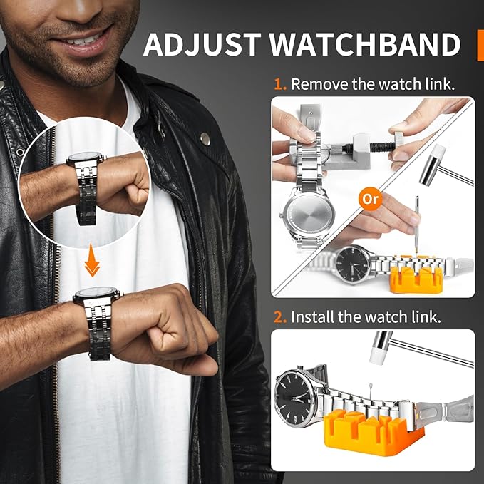 JOREST Watch Repair Tool Kit, Battery Replacement & Strap Adjustment, Wrench Opening Back Cover, Case Opener, Link Remover, Bracelet Resizing, Band Pin Removal, Screwdriver, Spring Bar
