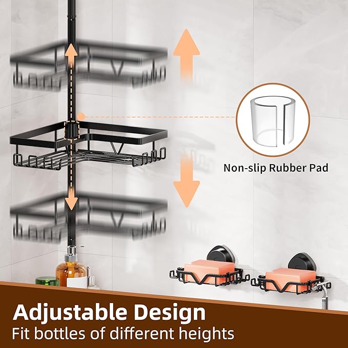 KEGII Shower Caddy Tension Pole, Rustproof Adjustable Corner Shower Organizer with 2 Suction Soap Holder, No-Drill Bathroom Storage Rack, Fits 25–114.2 Inch, Black
