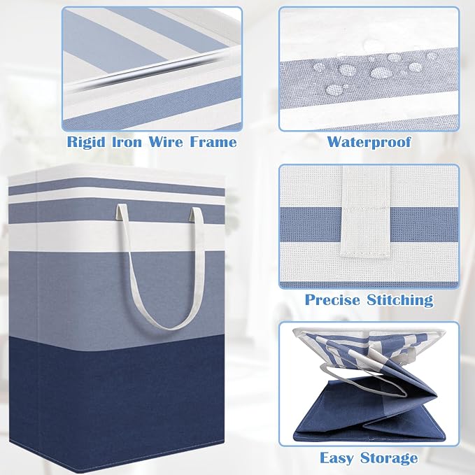BlissTotes 3-Pack Laundry Basket, Collapsible Laundry Hamper, Blue, 75L | Laundry Clothes Hamper, Hampers for Bedroom, Freestanding Hamper with Handles, Clothes Laundry Basket