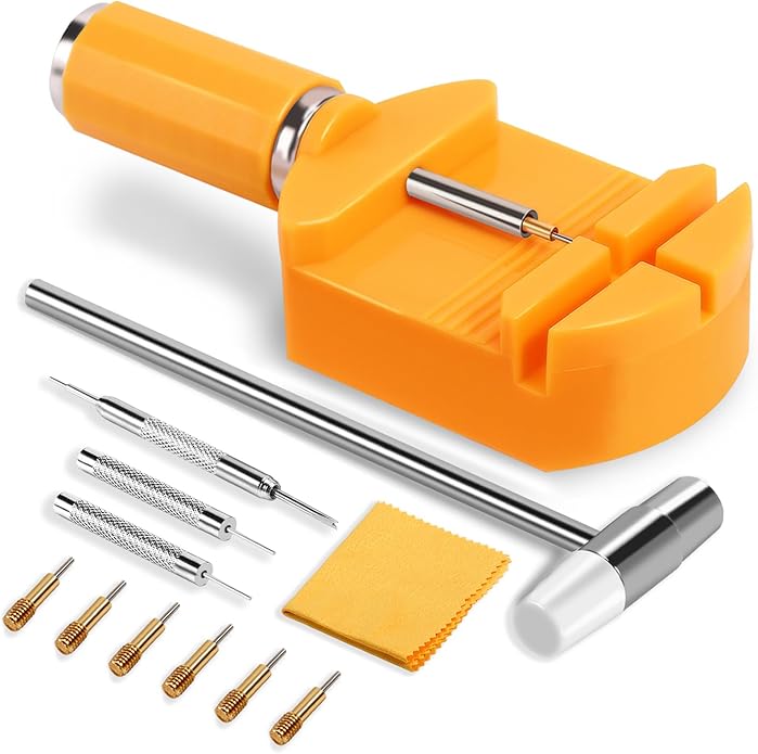 Watch Link Removal Kit，Professional Pin Remover and Band Adjuster | Resizing Tool And Repair Set for Bracelet Adjustment & Replacement with 6 Extra Pins，1 double-head hammer and 1 spring bar
