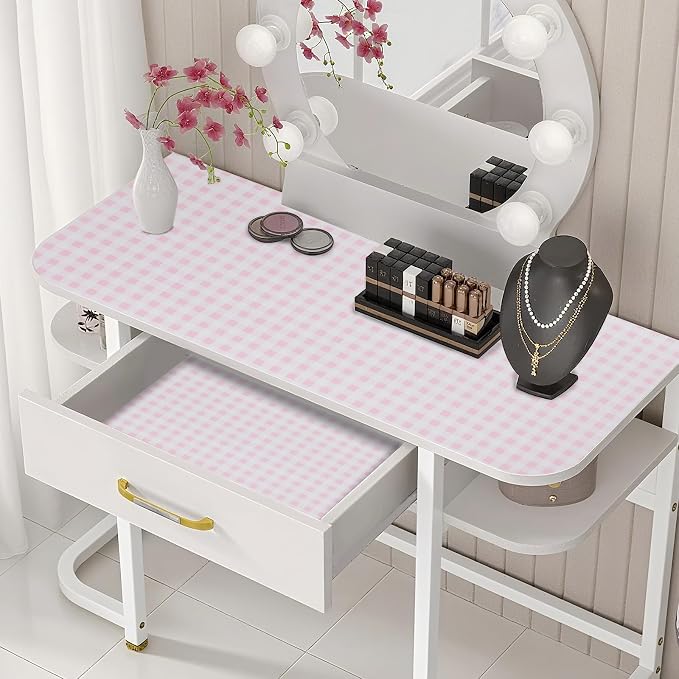 Beautysaid Shelf and Drawer Liner for Kitchen Cabinet Non Adhesive Non Slip | Shelf Paper Waterproof Washable Thickened for Dresser Pantry Shelve Bathroom Protector Liner(Pink Checkered,12 in x 10 FT)
