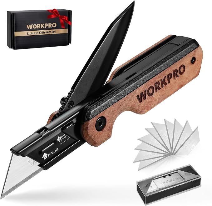 WORKPRO 2-in-1 Folding Knife/Utility Knife, Wood Handle | Quick-Change Box Cutter, Liner Lock, Belt Clip, 10 SK5 Blades, Carton Cutting, Camping, Hiking, DIY Projects
