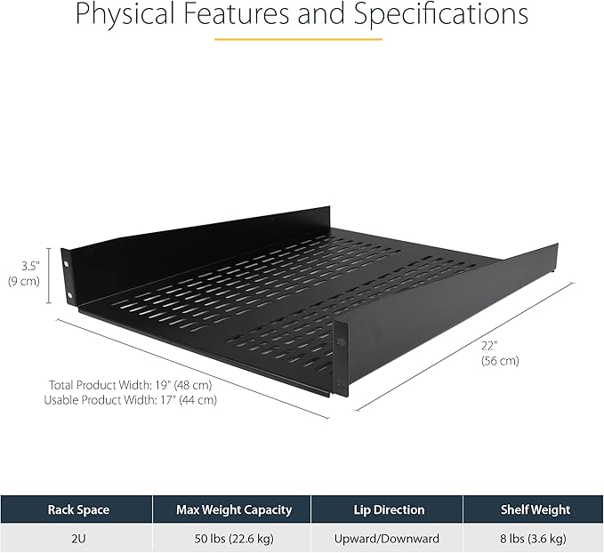 StarTech.com 2U Server Rack Shelf - Universal Vented Rack Mount Cantilever Tray for 19" Network Equipment Rack & Cabinet - Heavy Duty Steel - Weight Capacity 50lb/23kg - 22" Deep Shelf (CABSHELF22V) | Universal 19in fit, Network equipment rack and cabi...