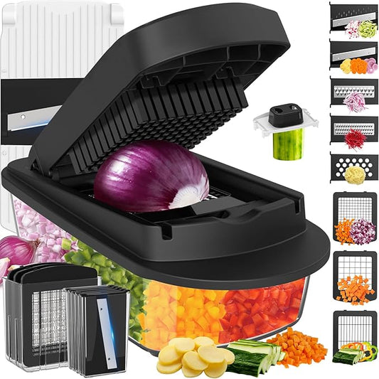 8 Blade All-in-1 Vegetable Chopper Mandoline Slicer with Container, Food Chopper, Onion Chopper, Veggie Cutter for Salad, Kitchen Gadgets Accessories Essentials, Black