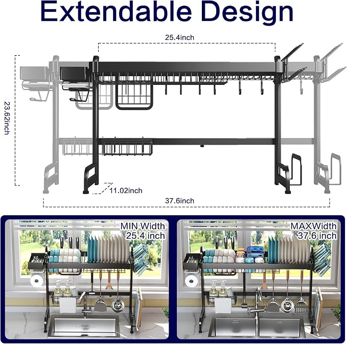 LIVOD Over Sink Dish Drainer Drying Rack, 2 Tier Full Stainless Steel Storage Adjustable Length Kitchen Rack, Multifunctional Expandable Counter Organizer, Space Saver Dish Rack