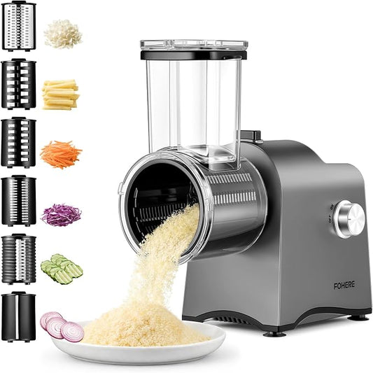 FOHERE Upgraded Electric Cheese Grater, 300W DC Motor Salad Shooter, 6-in-1 Electric Vegetable Slicer Shredder with Widened Feeding Port for Block Cheese, Vegetables Nuts, One-Touch Control