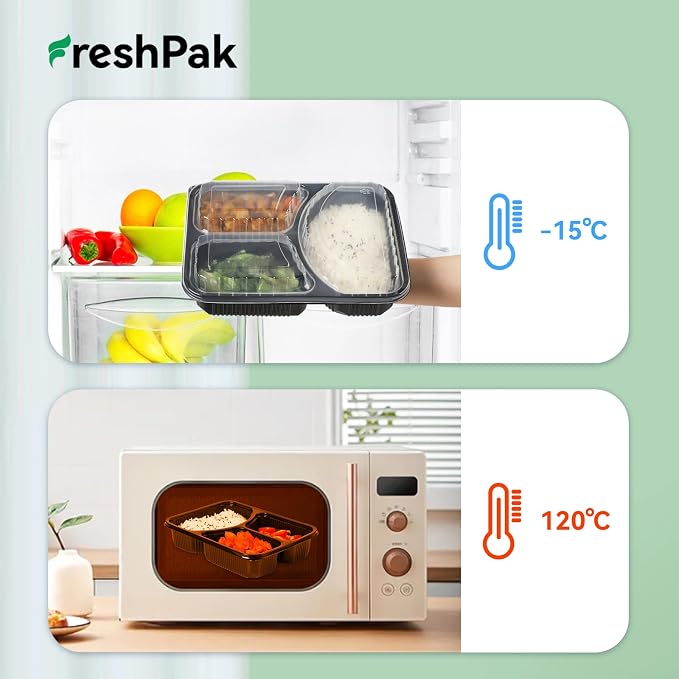40 Pack 38oz Meal Prep Containers - Shrink Wrap Ready To Use | Reusable Leakproof 3 Compartment To Go Boxes | BPA-Free, Microwave & Freezer Safe | Portion Control Takeout Food Storage