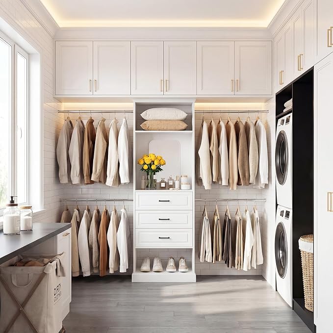 Unikito Closet System, 4FT - 9FT Closet Organizer with Mirror, Luxury Walk in Closet Insert with Drawers and 4 Hanging Rods, Sturdy Wood Wardrobe Closet Garment Rack with 25” Tower, White