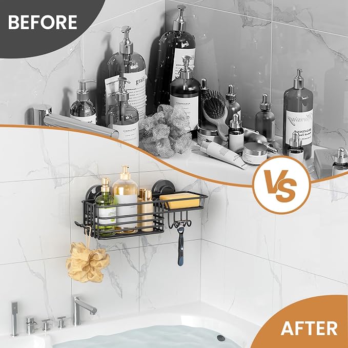 LEVERLOC Suction Cup Shower Caddy, Black Bathroom Shelf Shower Organizer With Hook And Soap Holder, No Drill Bathroom Caddy