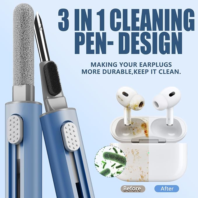Inesore Multi Cleaning Kit for AirPods & All Bluetooth Earbuds (Deep Blue) | Metal Tip, High-Density Soft Brush, Flocked Sponge Tip, 3 in 1 Design, Compact & Lightweight, Easy Operation, Easy to Carry
