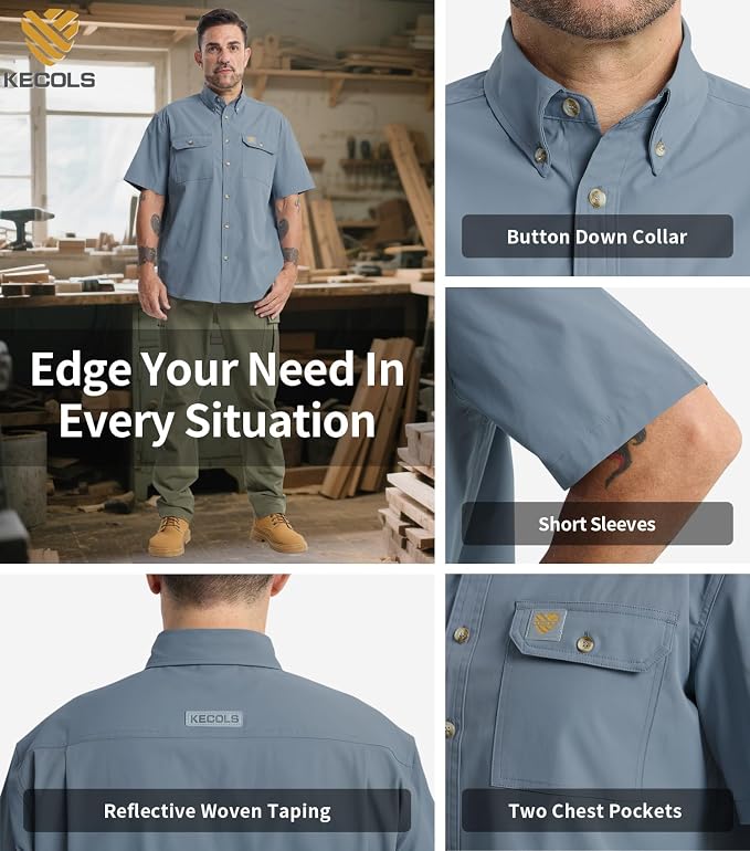 Mens Regular Fit Work Utility Shirt Midweight Short Sleeve Work Wear | Midweight stretch work shirt with reflective trim, 2 secure chest pockets, moisture-wicking comfort, easy-care fabric