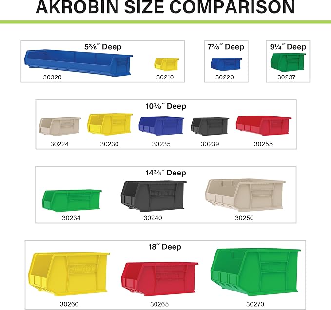 Akro-Mils 30260 AkroBins Plastic Storage Bins, Space-Saving Stackable Bins for Garage, Pantry, Craft Organization, 18" x 11" x 10", Green, 6-Pack