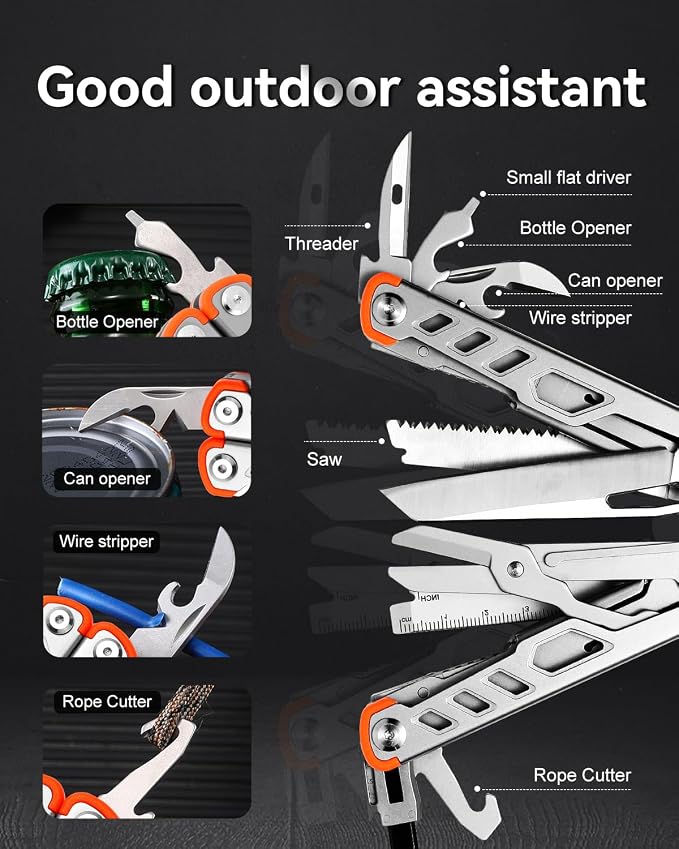 Strong 15-in-1 Multitool Pliers with Sheath, Stainless Steel, Grey | Folding Multi Tool, Needle Nose Pliers & Wire Cutters, Knife, Saw, Screwdrivers, Bottle Opener, EDC Pocket Knife