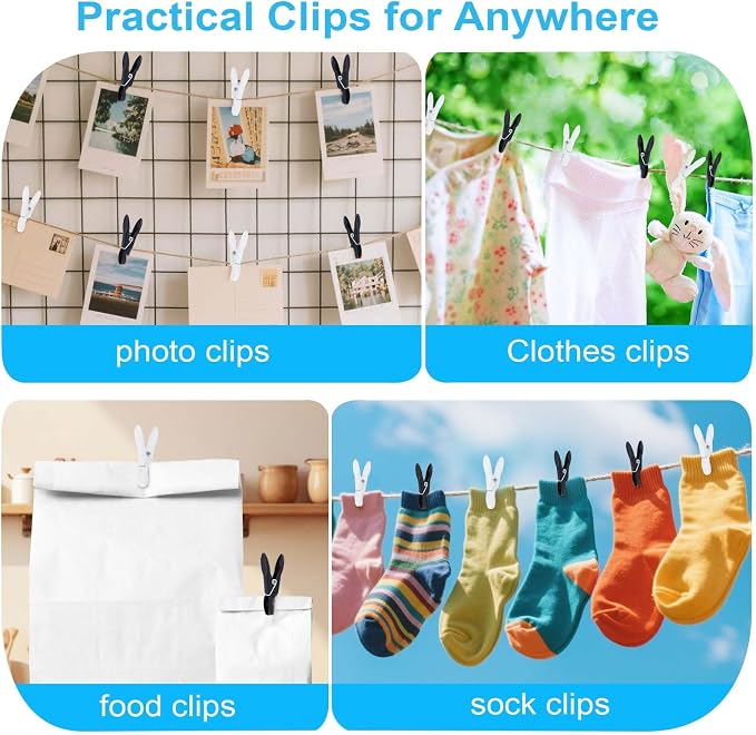Clothes Pins, 48 Pack Black White Plastic Clothespins, Clothes Pins Heavy Duty Outdoor, Non-Slip Laundry Clips for Hanging Clothes, Towels, Crafts, Clips for Picture, Chip Bags