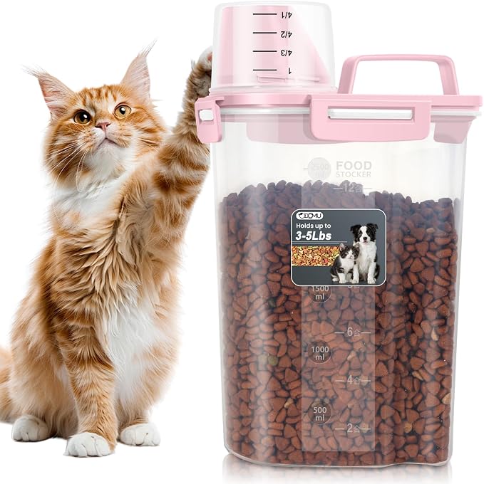 Dog Cat Food Storage Container, Pet Food Pourable Container Airtight with Large Spout & Cup, BPA-Free Plastic Food Dispenser for Pet Food, Bird Seed, Rice, Flour (Pink, 2.5L)