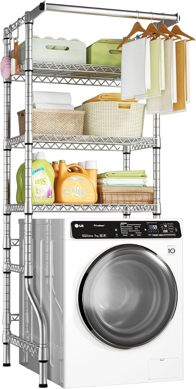 U11 Mini Over Washer and Dryer Shelves, 3 Tiers Laundry Room Storage and Organizer Standing Shelf, Metal Freestanding Clothes Drying Rack, 28.3" W x 19.7" D x 77.6" H, Chrome