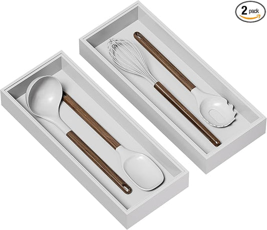 Lixple Kitchen Drawer Organizer - 2 Pack, Stackable Bamboo Drawer Organizers, Wooden Storage Box Tray for Cabinet, Pantry, Bathroom Countertop, Multi-use Organization and Storage (White)