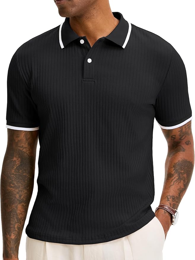 Comdecevis Men's Regular Fit Short Sleeve Knit Polo Shirts | Business casual, lightweight, breathable, stretch textured fabric, moisture wicking, easy care