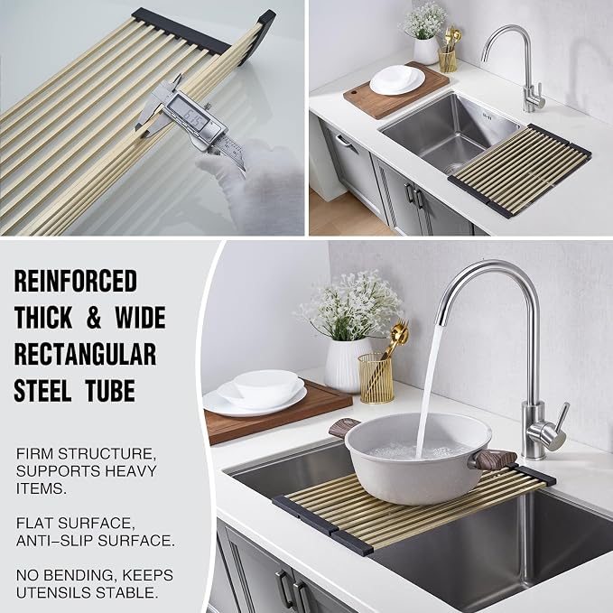 Foldable Over Sink Dish Drying Rack, 304 Stainless Steel Kitchen Drain Rack for Tableware, Detachable Silicone Edge, Rectangular Tubing (Brushed Gold, 4 Fold 17.72" x 15.36")
