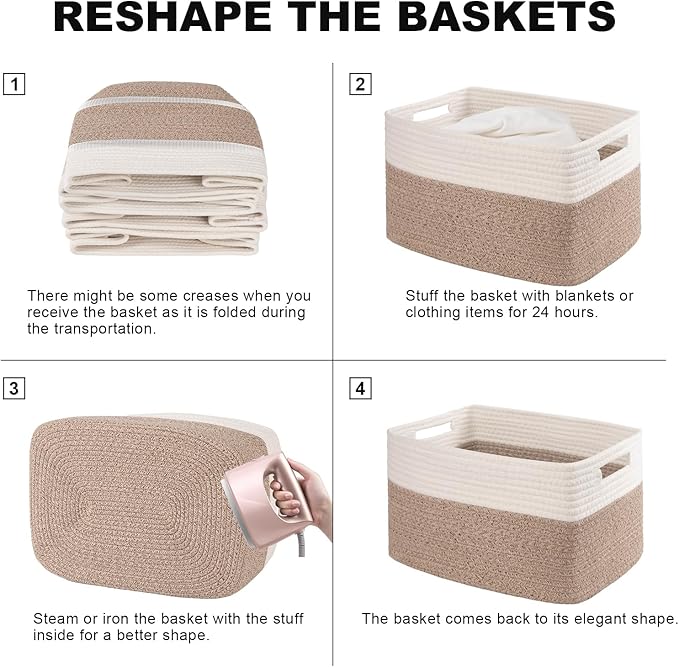 4 Pack Storage Baskets for Organizing, Woven Baskets for Shelves - Perfect for Toys, Books, Towels, and Clothes, Durable Gift Basket Bins Toy Storage, 15.7''Lx11.8''Wx7.8''H, Brown & White