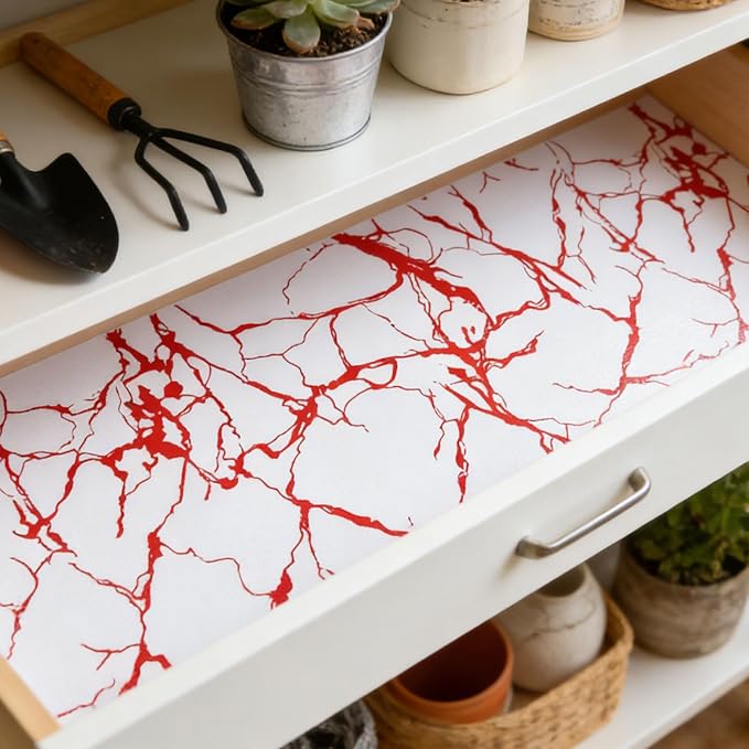 Red Marble Pattern Shelf Liner, Non-Adhesive Non-Slip Thickened Drawer Liner, Easy to Clean Contact Paper for Kitchen Cabinets, Tool Box, Refrigerator, Includes Knife & Tape Measure.17.3×236.22inch