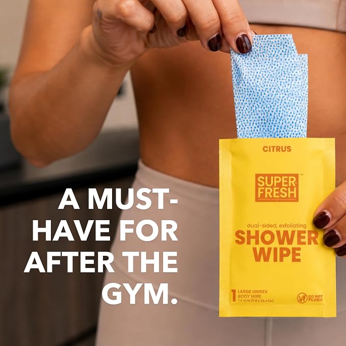 Super Fresh Shower Wipes Large Citrus Body Wipes for No Rinse Bathing Personal Hygiene Gym Travel or Camping Enriched with Aloe and Vitamin E 50 Individually Wrapped Disposable Sheets