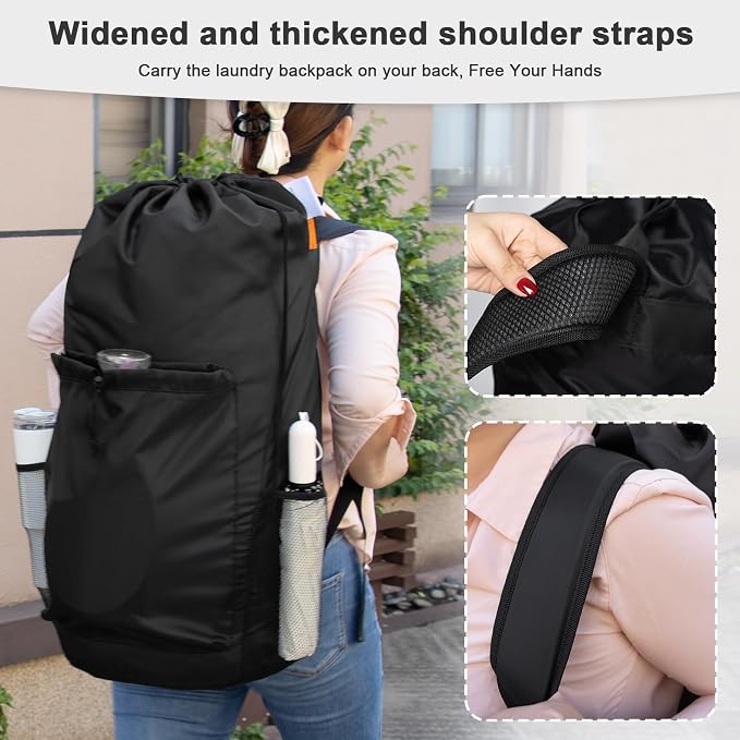 Extra Heavy-Duty Laundry Bag, Black,13.5x29" | Backpack, Large Capacity, Drawstring, Padded Shoulder Straps, 4 Pockets & ID Tag, For Dorm, College, Travel