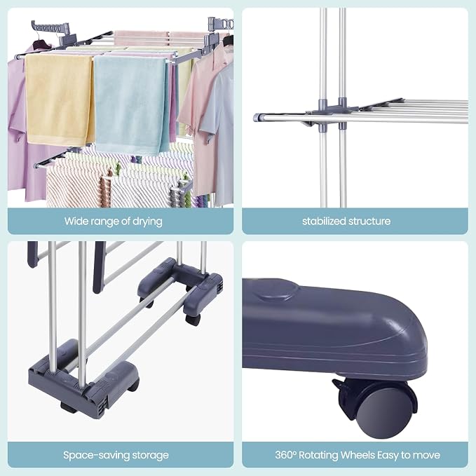 Heavy Duty Clothes Drying Rack, 4-Tier Foldable Laundry Drying Rack 70" Tall, Freestanding Stainless Steel Drying Rack with Collapsible Base & 24 Hanging Rods for Clothing, Bed Linens, Towels - Gray