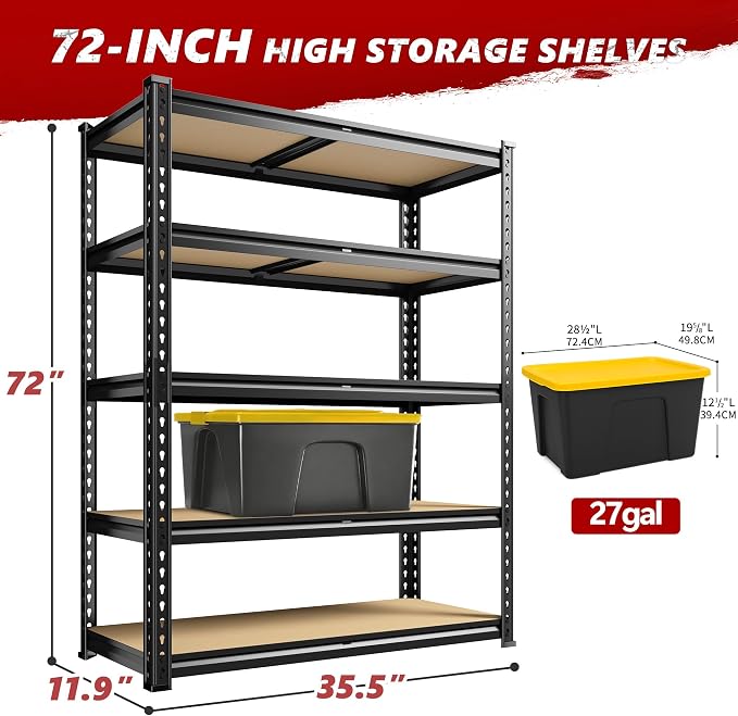 REIBII 5 Tier Garage Shelving for Pantry, Adjustable Storage Shelves | 35.5" W x 11.9" D x 72" H, Holds 2400 Lbs, 5 Reinforcing Ribs, Steel Frame with Powder Coat, Tool-Free Assembly, Freestanding