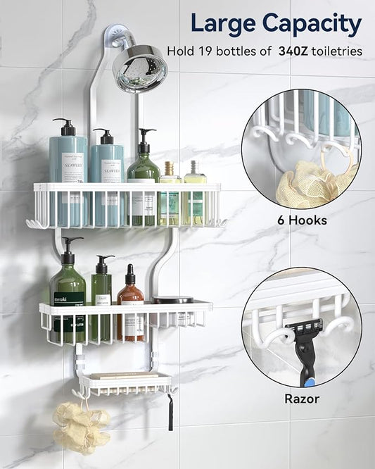 YASONIC Shower Caddy - Never Rust Aluminum Organizer - Over Shower Head with 10 Hooks & Soap Basket - White