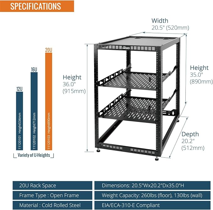 Tecmojo 20U Open Frame Network Rack for IT & AV Gear, AV Rack Floor Standing or Wall Mounted,with 2 PCS 1U Rack Shelves & Mounting Hardware,Network Rack for 19" Networking,Audio and Video Device