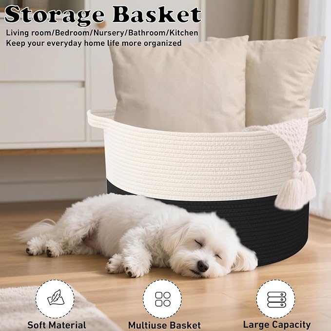 65L Large Blanket Basket,Cotton Rope Woven Storage Basket with Handles, Laundry Hamper for Toys, Clothes, Pillows & Towels, Perfect for Living Room, Nursery & Bedroom,White&Black