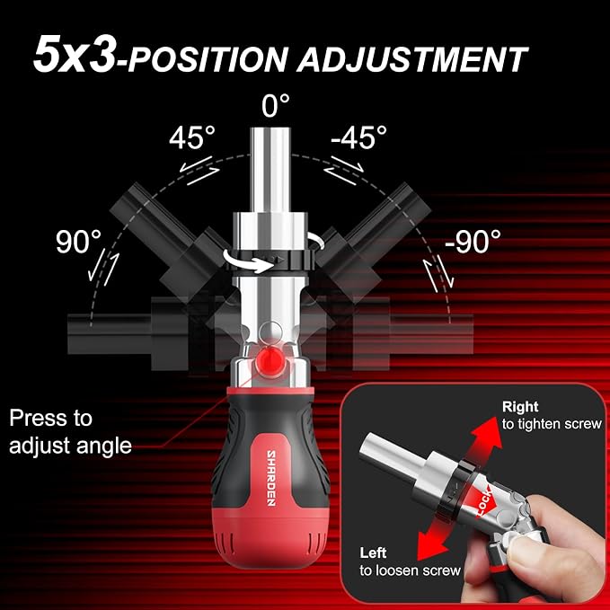 8 in 1 Stubby Ratcheting Screwdriver, Multi Bit Screwdriver Tool | All in One with 6 CRV Bits Phillips, Slotted, Torx,180 Degree Pivoting Adjustable Angle Screw Driver Set for Tight Spaces